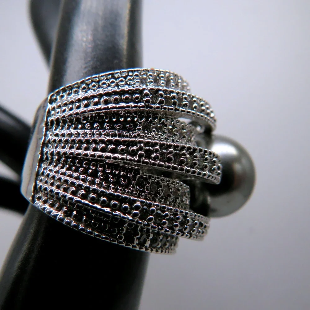 Wide Multi Row Pave Rhinestone Faux Grey Pearl Statement Ring Size 5 Silver Tone
